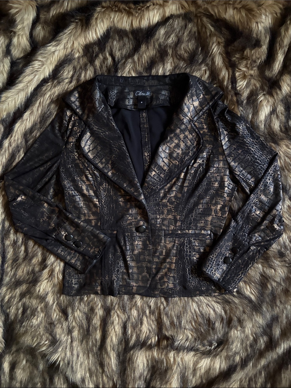 Clara S. Black Blazer with Metallic Bronze Croc-Embossed Finish Size M